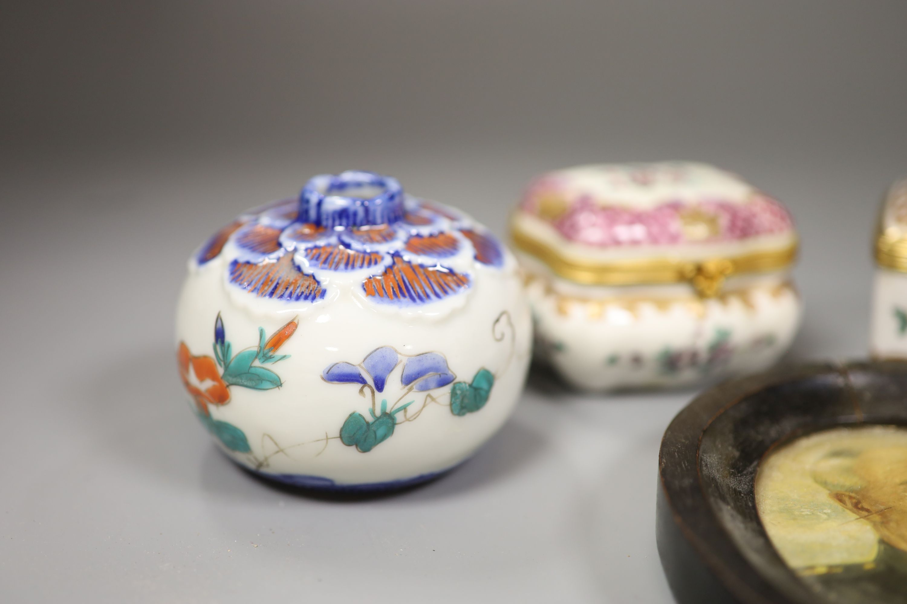 A 19th century Stoneware mask inkwell, two ceramic trinket boxes, a Japanese and a vase